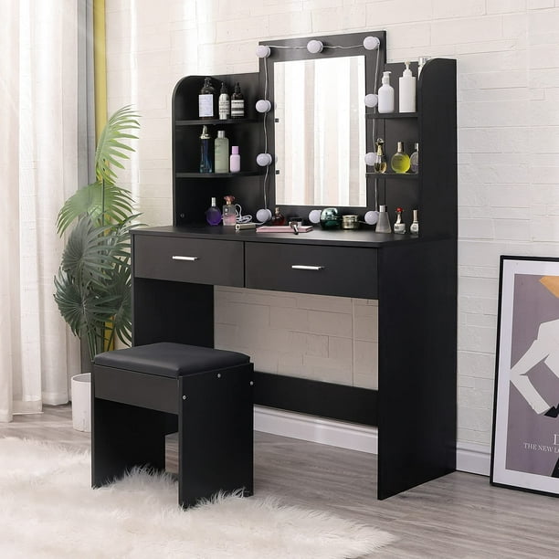 Erommy Vanity Mirror Table Set With 9, Vanity Desk Combo Black
