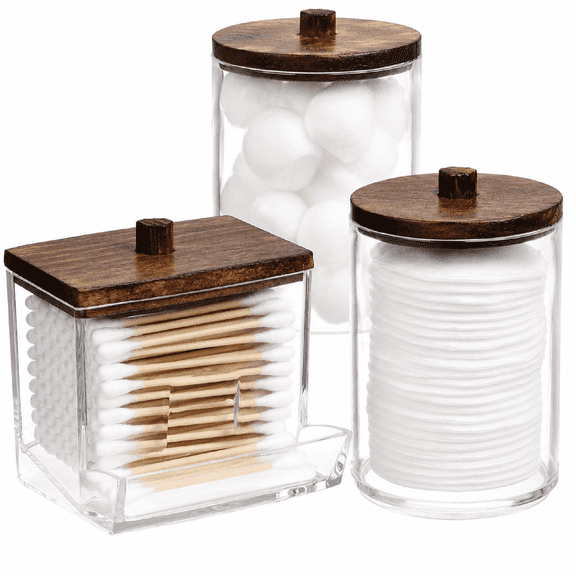 Cotton Ball Holder Plastic 7 oz 10 oz 3 pack Wood Lid Apothecary Jar Dispenser for Bathroom Kitchen