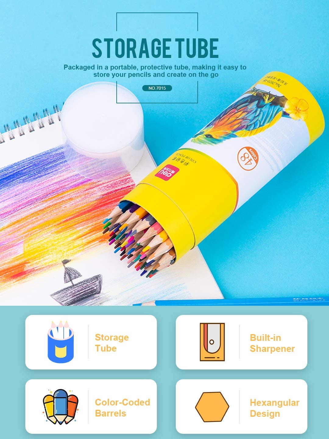48 Pack Pre-Sharpened Colored Pencils With Built-in Sharpener - Vibrant Colors For Adult Coloring, Sketching & Art Projects