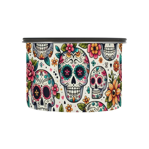 Sugar Skull Day Of Dead Flower Airtight Coffee Bean Canister 17oz Food Storage Containers with Lids For Gournd, Tea, Sugar, Flour, Rice, Cereal, Candy Cookie Jar