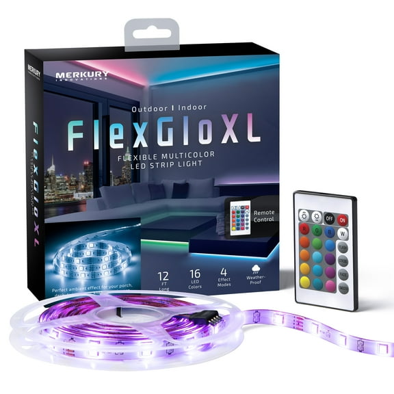 FlexGlo XL 13.1ft RGB 120 LED Strip Light, Weatherproof Coating, 24key Remote Control,12V Power Adapter