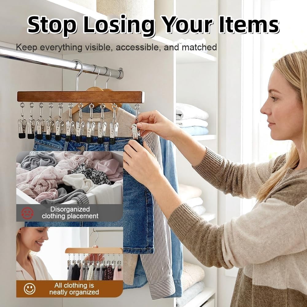 2026 New Pure Wood Rotating Closet Organizer with 12 Clips - Vertical Space Saver & Wrinkle-Free Storage Solution, Multi-Layer Solid Wood Rotating Hanger, for Jeans Leggings Skirts Hats (5, Nature)