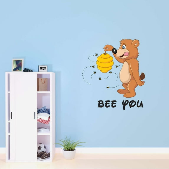 Babies Bee You Cute Cartoon Wall Decal Decoration Cute Bear Uncapping Beehive takes Honey Decal Lasts Years and Easily Removable - Size: 9 In(W) x 10 In(H)