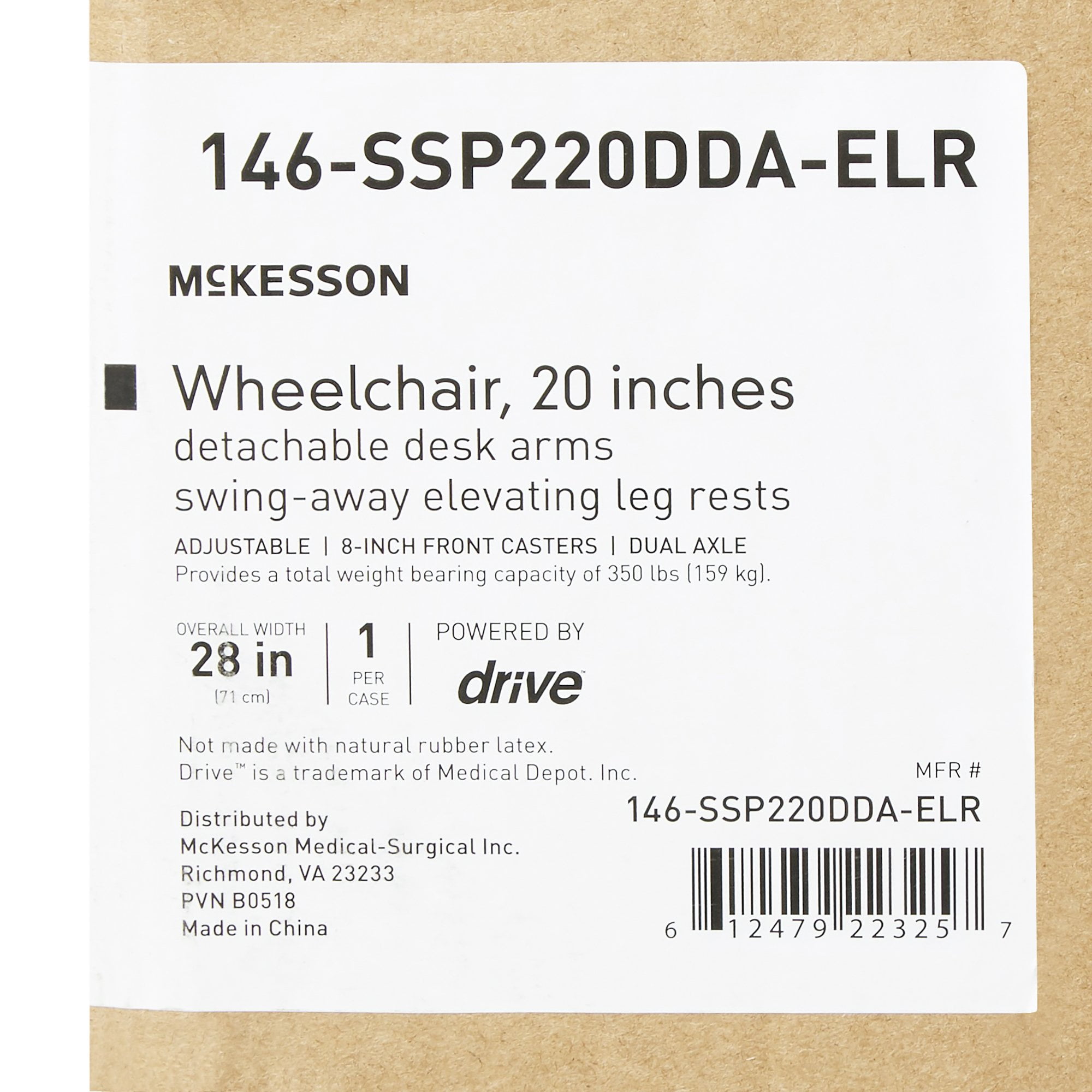 McKesson Drive Wheelchair Standard Detachable Padded Desk Arms Composite Black 20 Inch 350 lbs.