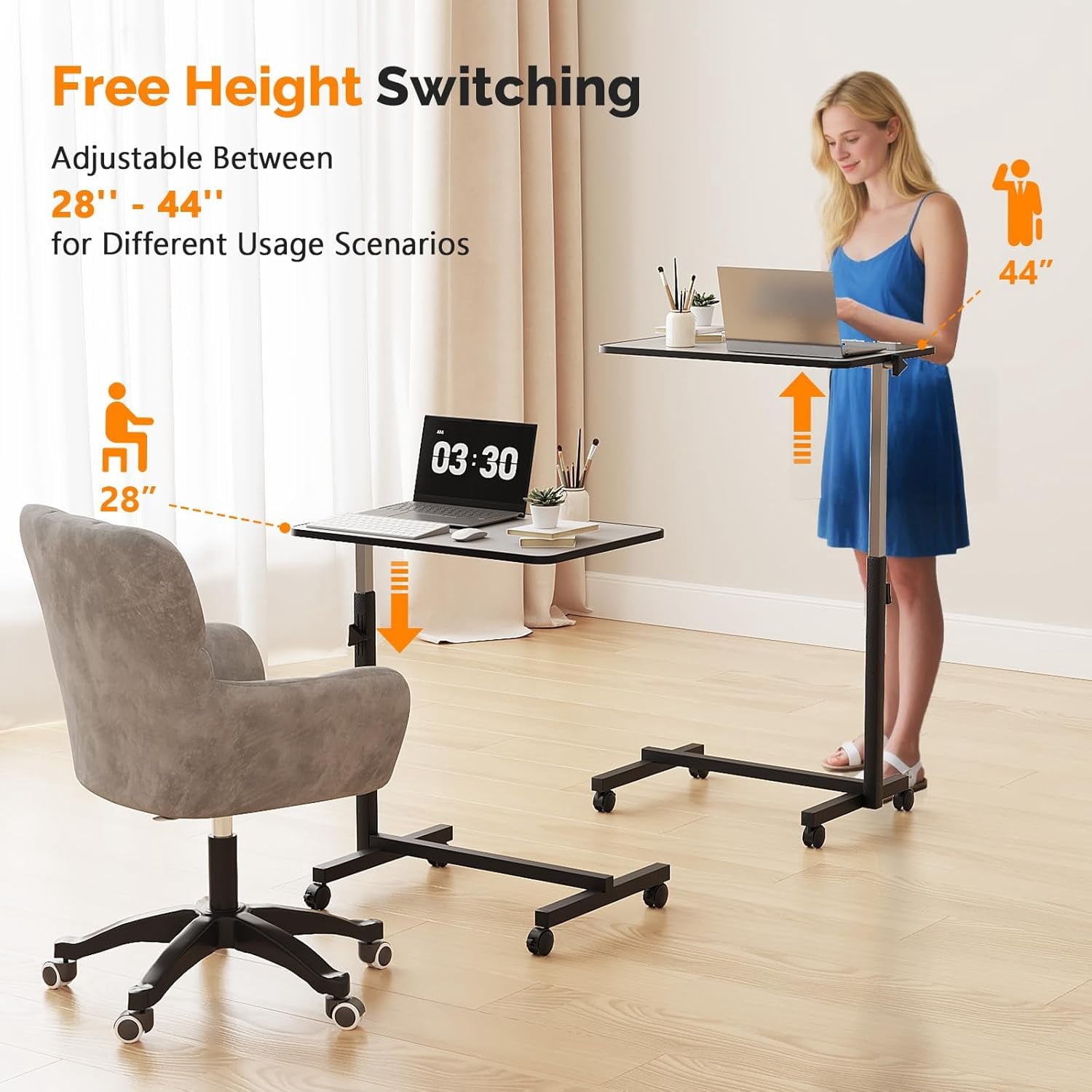 Yunken 23.6 Inch Rolling Adjustable Multifunctional Lifting Computer Desk, Tilting Desktop, Sit Stand Laptop Desk TV Tray for Bed Sofa Hospital Reading Eating, Silver