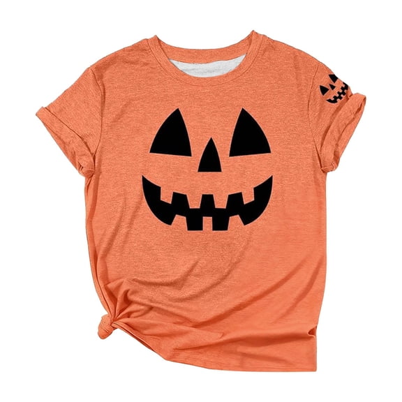 IWRICH Halloween Pumpkin Face Graphic T-Shirt for Women Short Sleeve Crew Neck Casual Tops Loose Fit Basic Tees Orange XL
