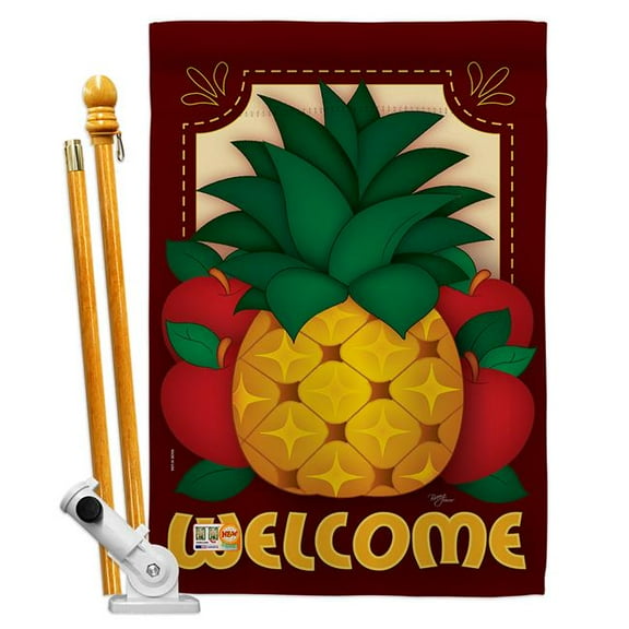 Breeze Decor BD-FT-HS-117017-IP-BO-D-IM09-BD 28 x 40 in. Welcome Pineapple Food Fruits Impressions Decorative Vertical Double Sided House Flag Set with Pole Bracket & Hardware - Schal Lee