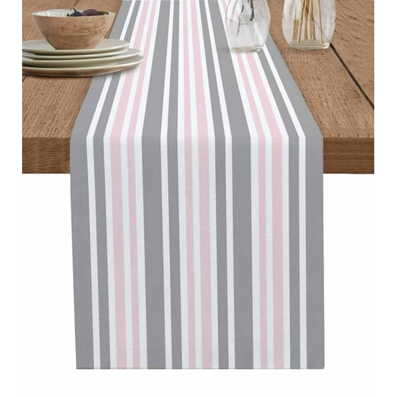 Pink Grey Striped Table Runners 120 Inches Long, Cotton Linen Fabric Table Runner Dresser Scarf, Horizontal Lines Simple Minimalist Tablerunner for Party/Kitchen/Dinner/Wedding Decor 13''x120''
