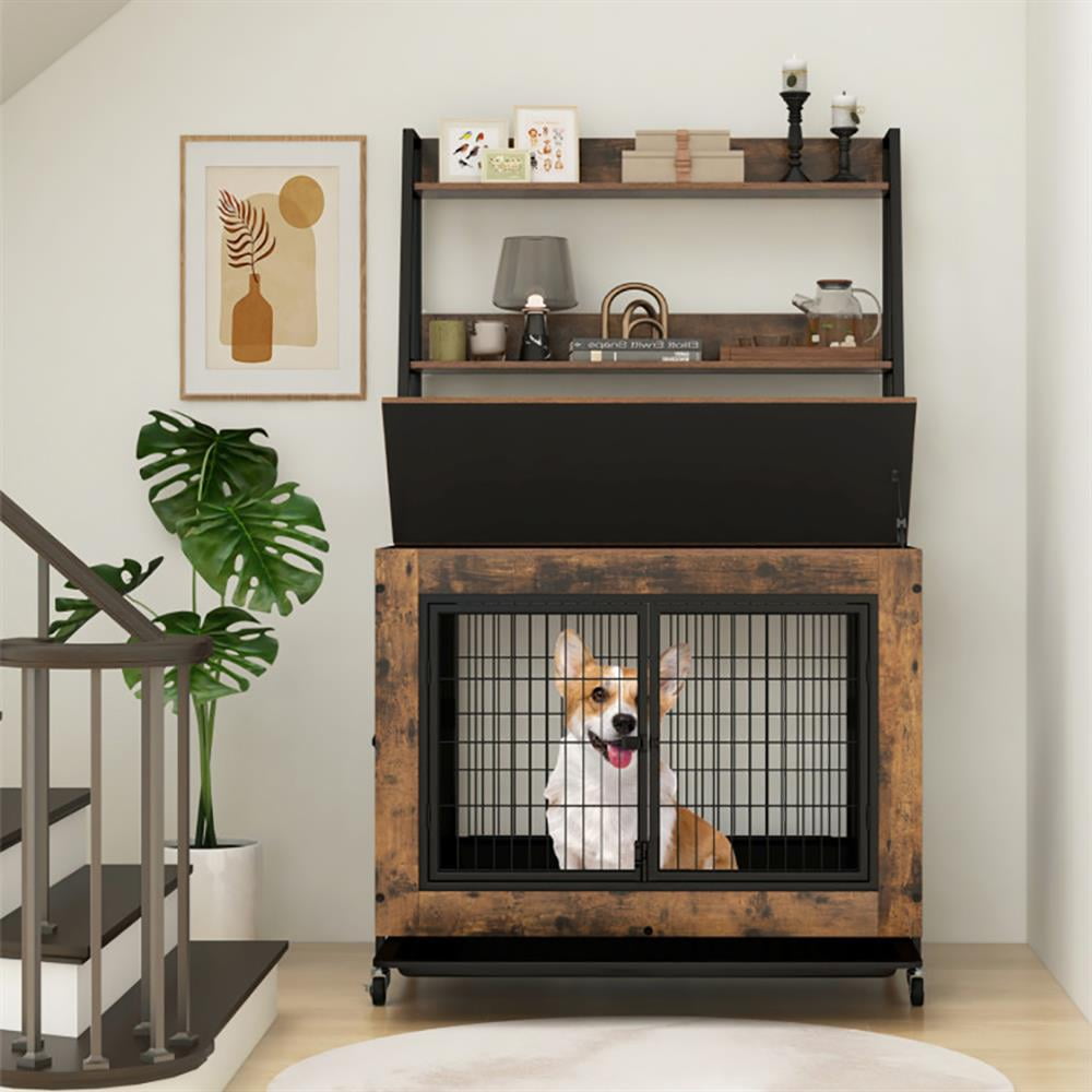 Barara King Dog House,Pet House,Industrial Dog Kennel Dog Crate Furniture with Storage Shelves-Rustic Brown