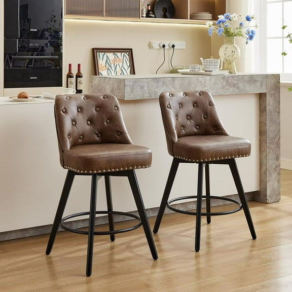 BENESKY Swivel Bar Stools Set of 2, Modern Counter Height Bar Stools with Back and Wood Legs, 26" H Seat Height Upholstered Barstools Bar Chair for Kitchen Island Home Bar, Leather Brown