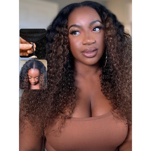 UNICE EasiContour V Part Wigs Human Hair Jerry Curly Ombre Chestnut Brown Glueless Wigs Human Hair Clip in Vpart Wig Minimal Leave Out Upgrade U Part Human Hair Wig Begi