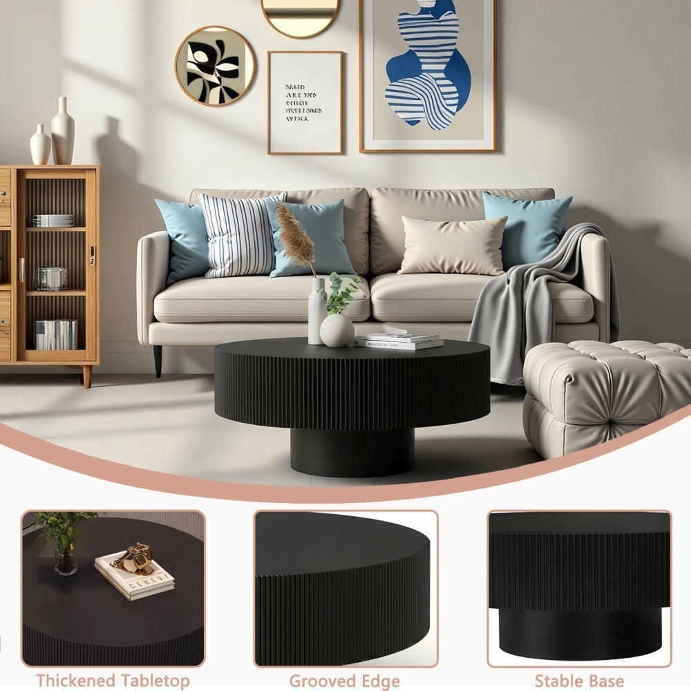 Round Fluted Coffee Table, Modern Pedestal Coffee Table for Living Room, Mid Century Modern Side Table, Small Space Accent Table, Black