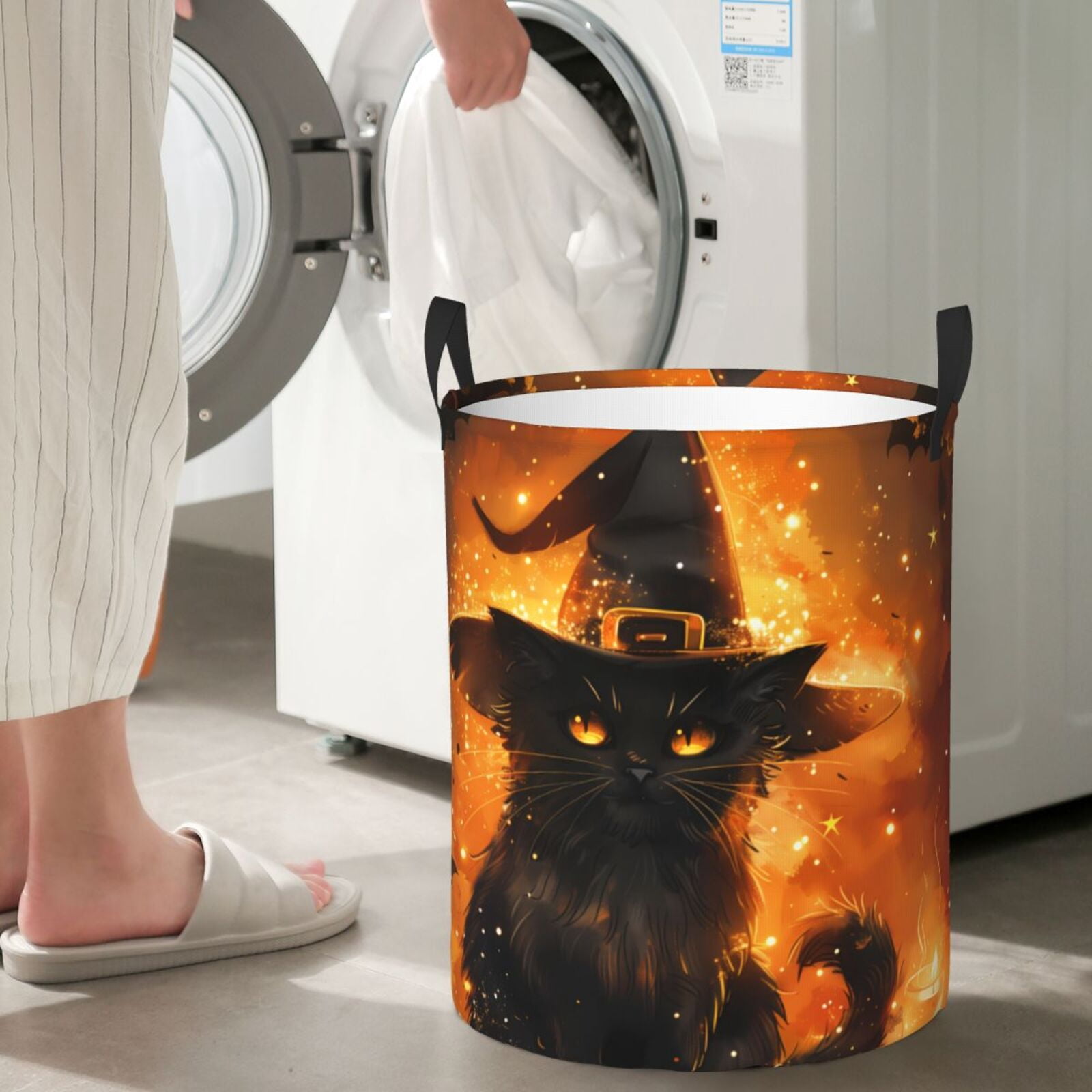 Large Laundry Basket with Handles - Halloween Witch Hat Black Cat A Kids Baby Dirty Clothes Laundry Hamper for Bedroom Aesthetic