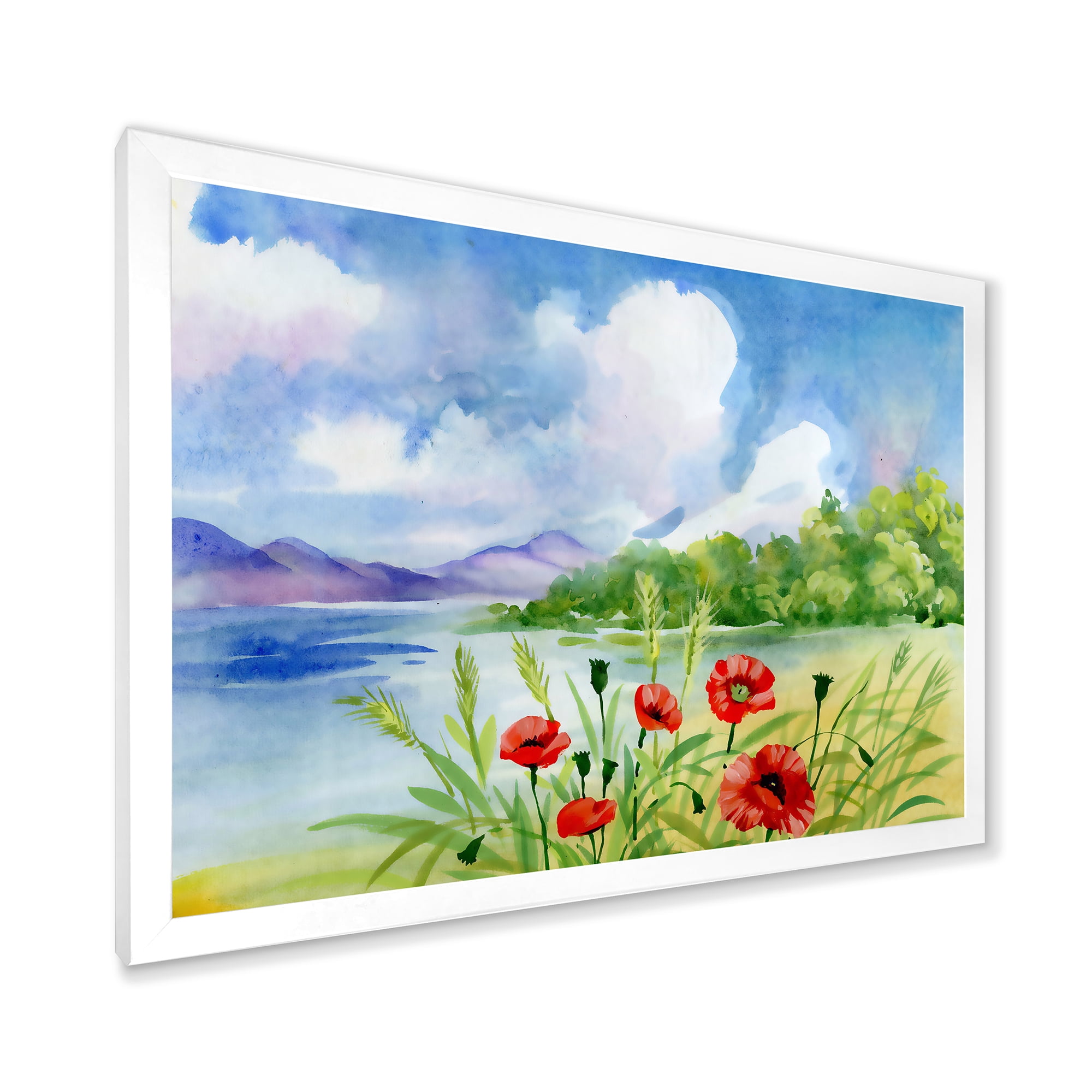 Designart 'Red Tulips On The Bank Near A River Mountain' Lake House Framed Art Print