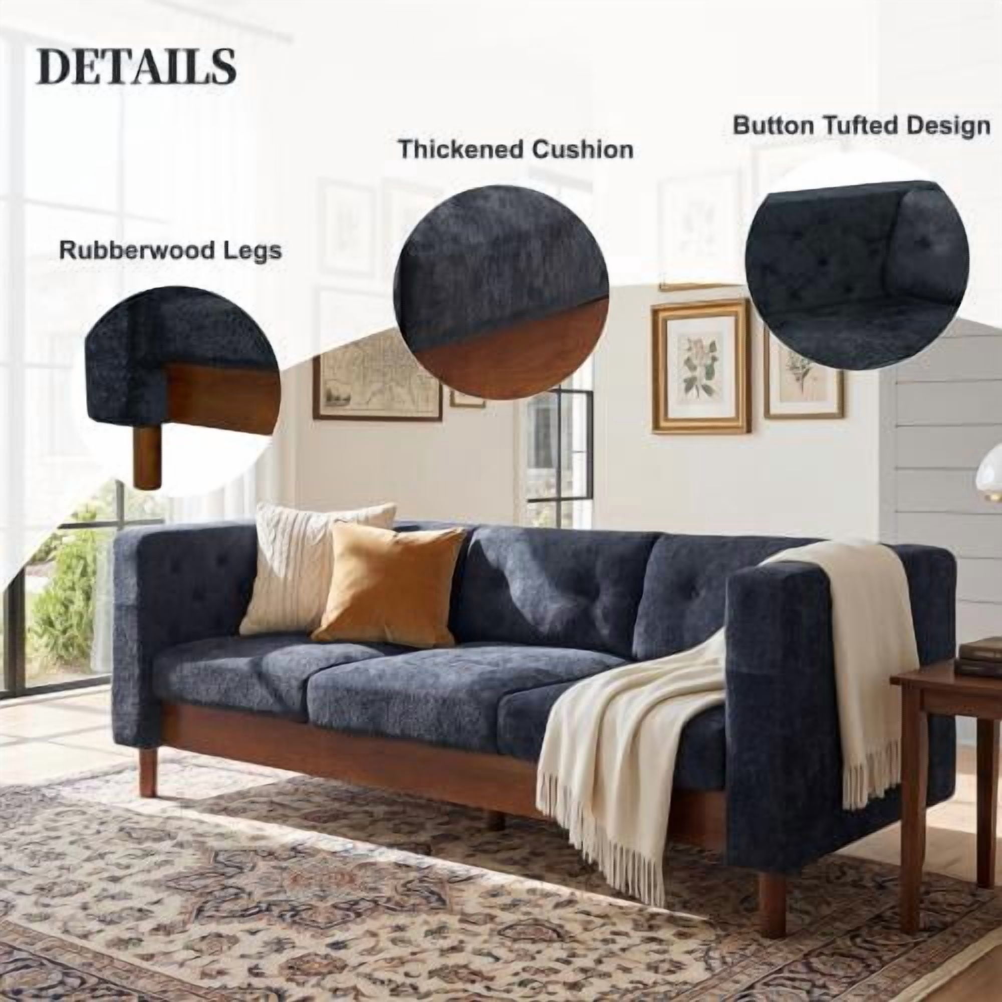 78" Modern 3-Seater Sofa, Chenille Upholstered Couch with Square Arms, Tufted Pillow Back & Walnut Rubber Wood Legs, Multi-Cushion Sofa for Living Room and Apartment, Blue