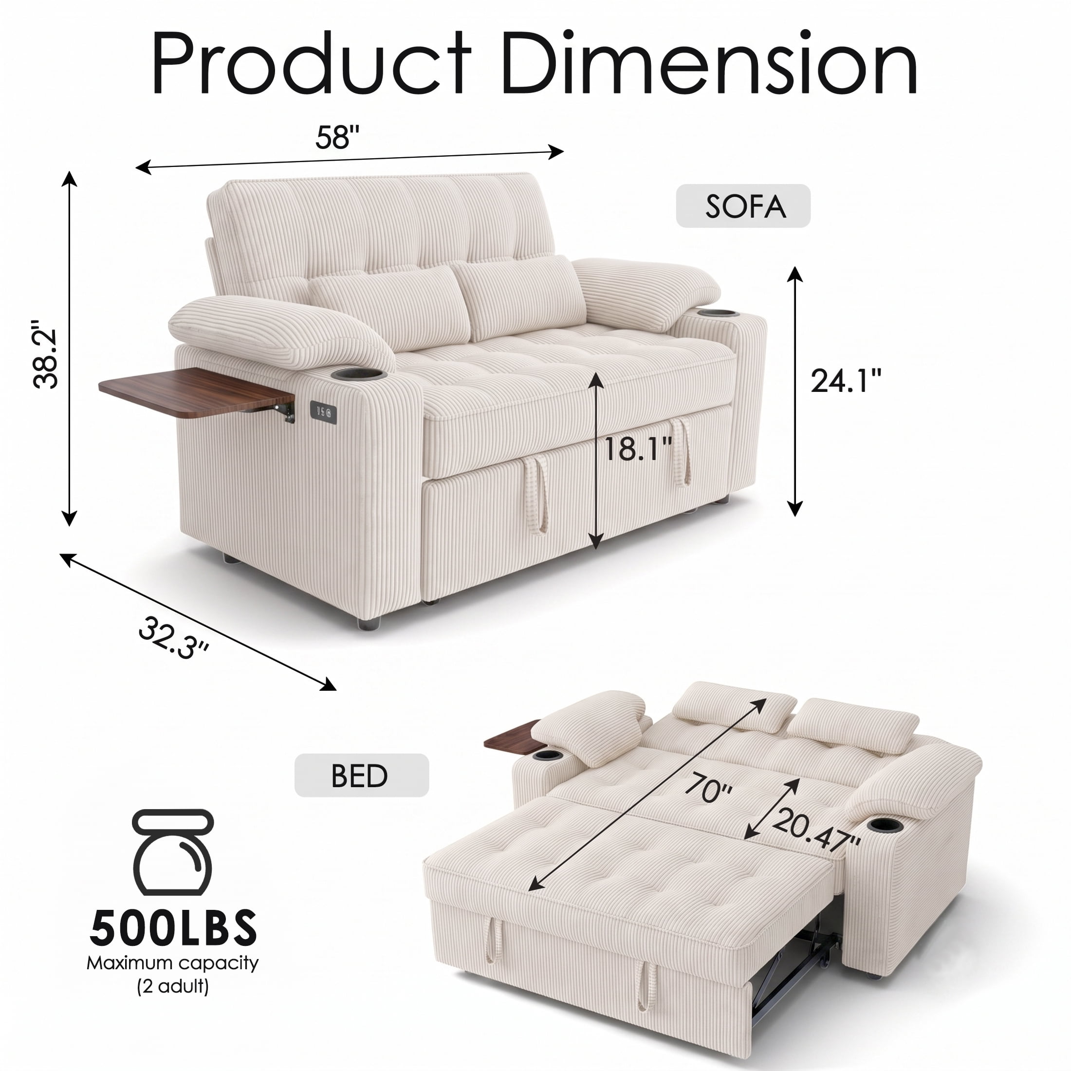 58" Convertible Sleeper Sofa Bed, Full Size Pull Out Couch with USB Charging, Cup Holders, Side Table, Adjustable Backrest, Corduroy Loveseat for Living Room, Apartment, Office (Beige)