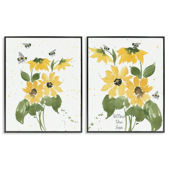 Stupell Industries Follow the Sun Flowers Plants & Flowers Painting Black Framed Art Print Wall Art, 11 x 14, Set of 2