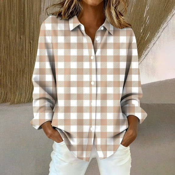 Endives Women's Long Sleeve Shirts Casual Plaid Printed Button Down Blouse Shirts Womens Tops