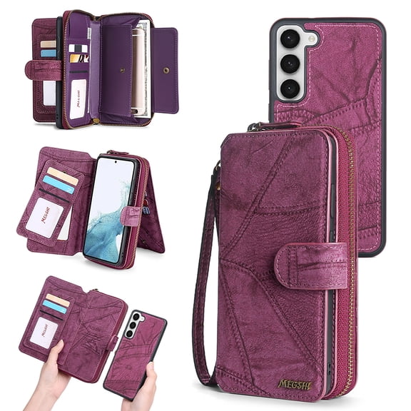Allytechgroup Cell Phone Bag Case for Samsung Galaxy S25 , 2 In 1 Wallet Case Detachable Back Cover Zipper Pocket Hand Wrist Shockproof Large Space Cards Holder Purse Case for Galaxy S25 Plus, Winered