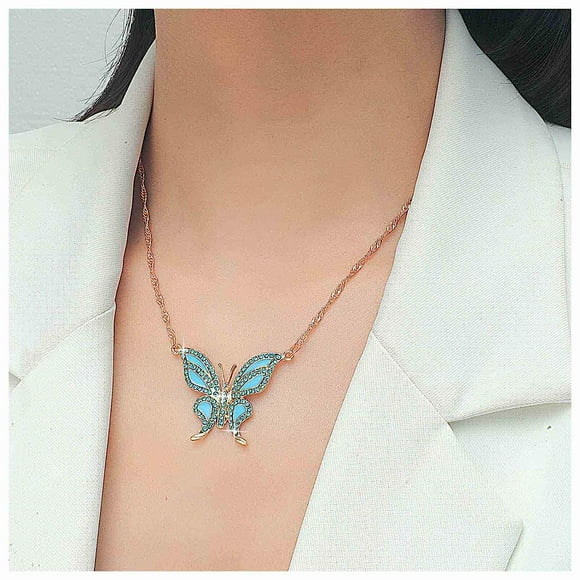 Vintage Crystal Sapphire Butterfly Necklace Rhinestone Enamel Butterfly Pendant Necklace Sapphire Crystal Necklace Enamel Blue Butterfly Choker Necklace Jewelry for Women and Girls (Blue)