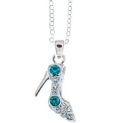 Rhodium Plated Necklace with Stiletto Shoe Design with a 16" Extendable Chain and High Quality Blue and Clear Crystals by Matashi