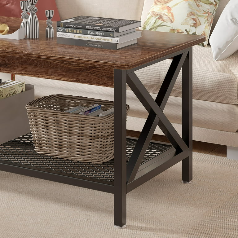 VECELO Wood Coffee Table, Industrial Style Rectangle Table with