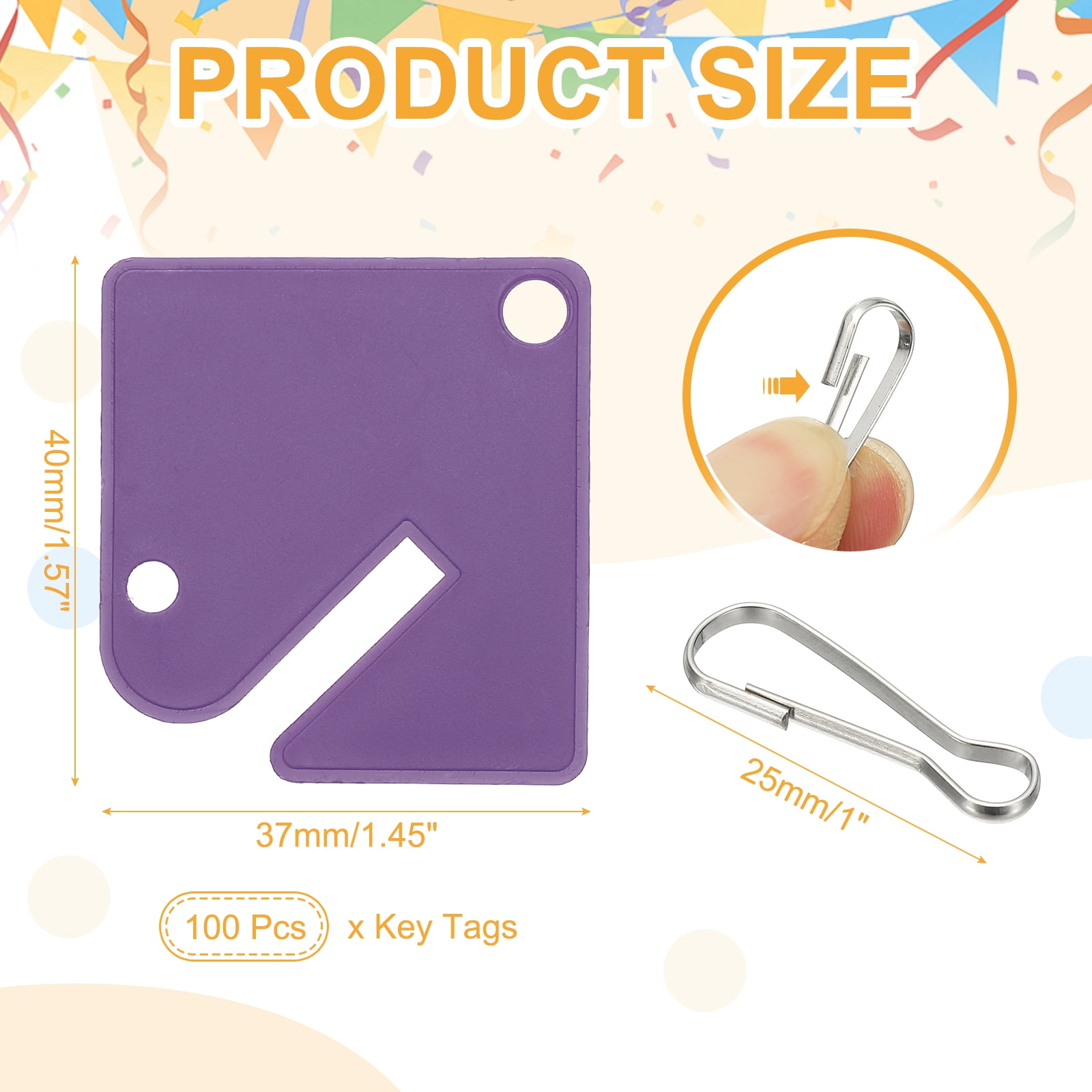 Uxcell 100 Pcs Key Tags, 1.5" Plastic Hanging Tag Slotted Key Tags Square Blank Writeable Durable with Metal Snap Hooks for Cabinet Boxes Lockers Identifiers Home Garage, Purple