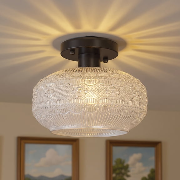 YANSUN 9.5 in 1-Light Black Semi Flush Bowl Ceiling Light, Vintage Glass Farmhouse Fixture for Hallway, Bedroom, Kitchen