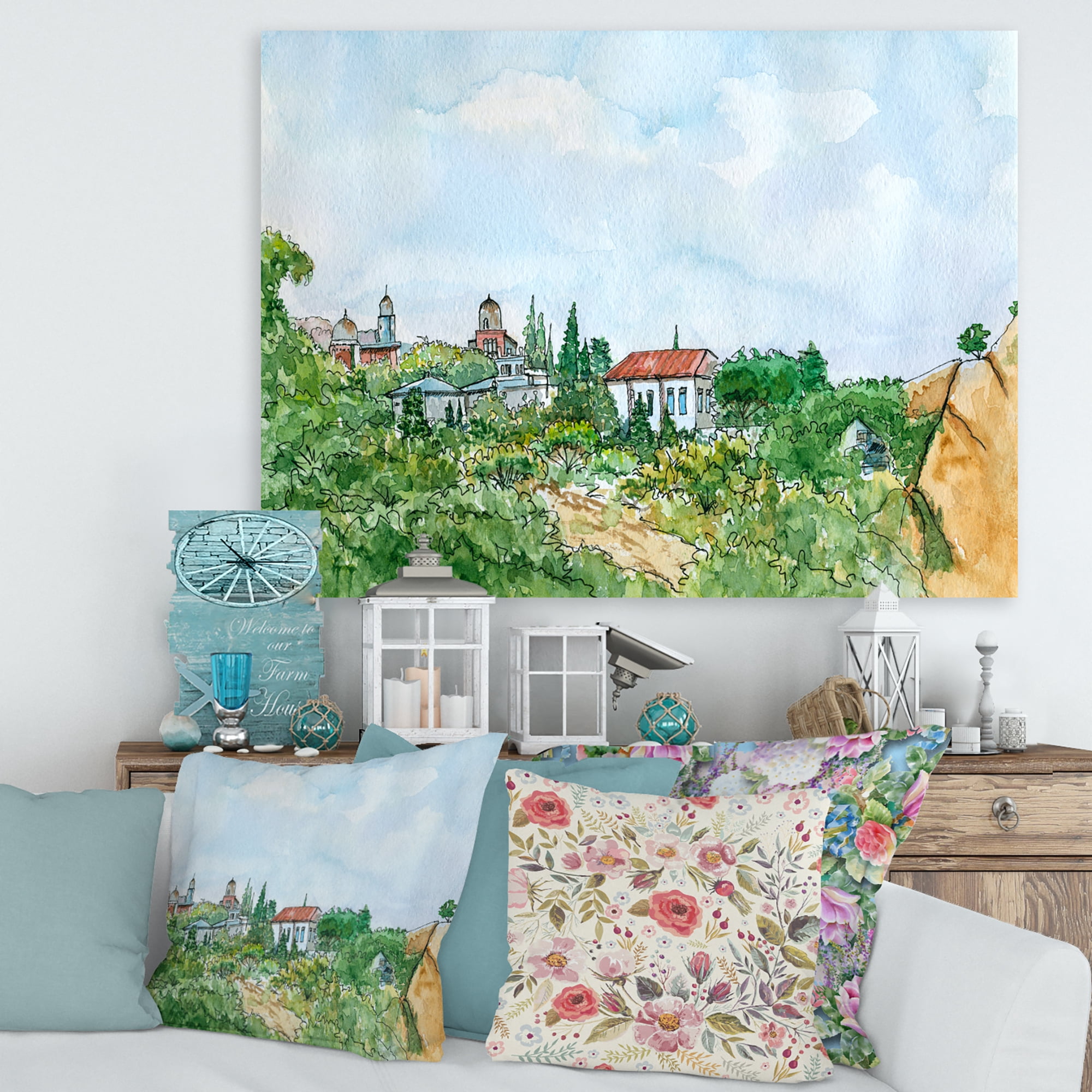 Designart ' White House With Red Roof In The Lush Green Countryside ' Traditional Canvas Wall Art Print