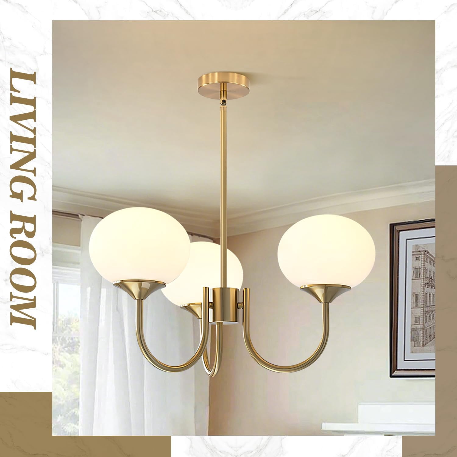KCO Lighting 3 Light Vintage Gold Chandelier Milk Glass Globe Chandeliers Dining Room Kitchen