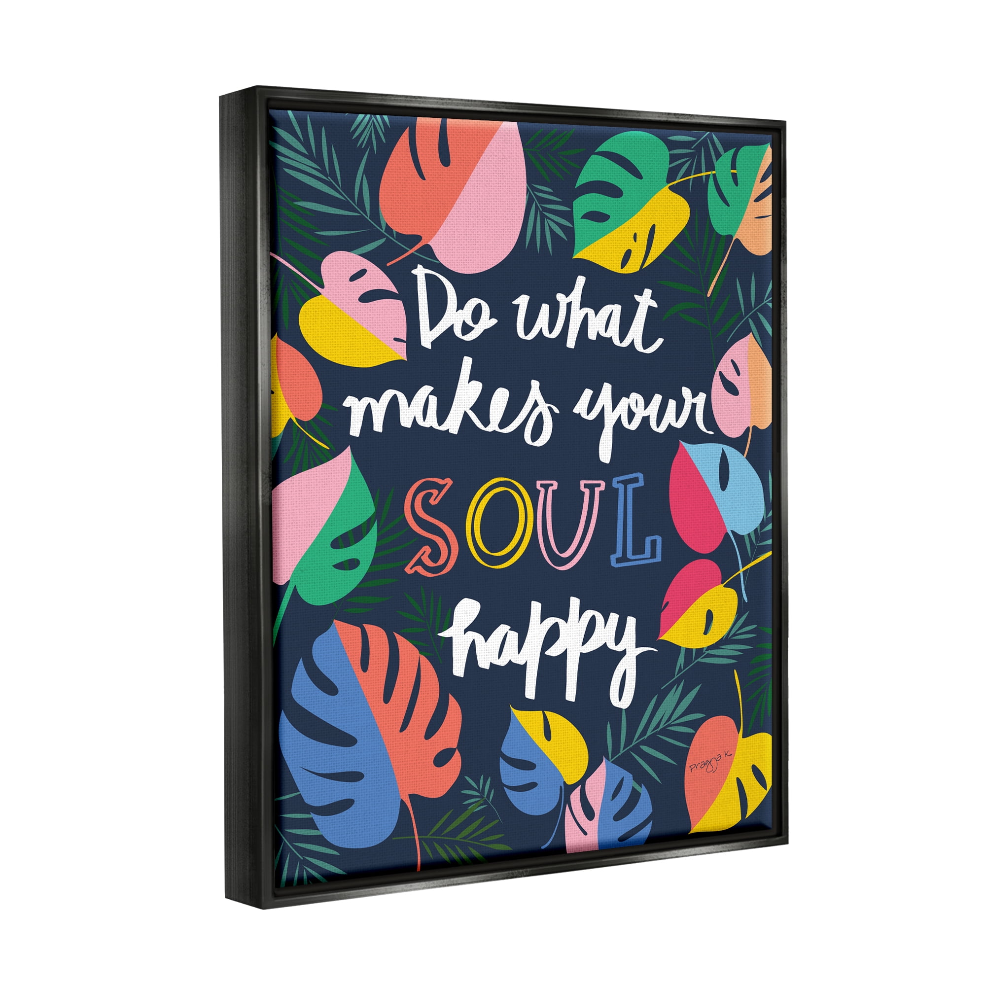 Stupell Industries Happy Soul Phrase Botanical & Floral Painting Black Floater Framed Canvas Art Print Wall Art, 25 x 31