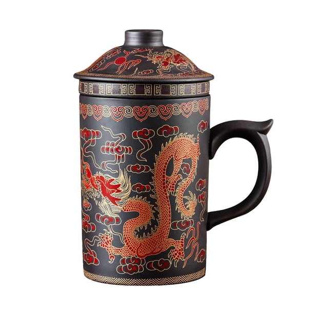 Bearachild Taza de té de arcilla morada con tapa, contenedores de bebidas para el hogar, taza de bebida de estilo chino Vintage redondeada, Cocina y Comedor Negro