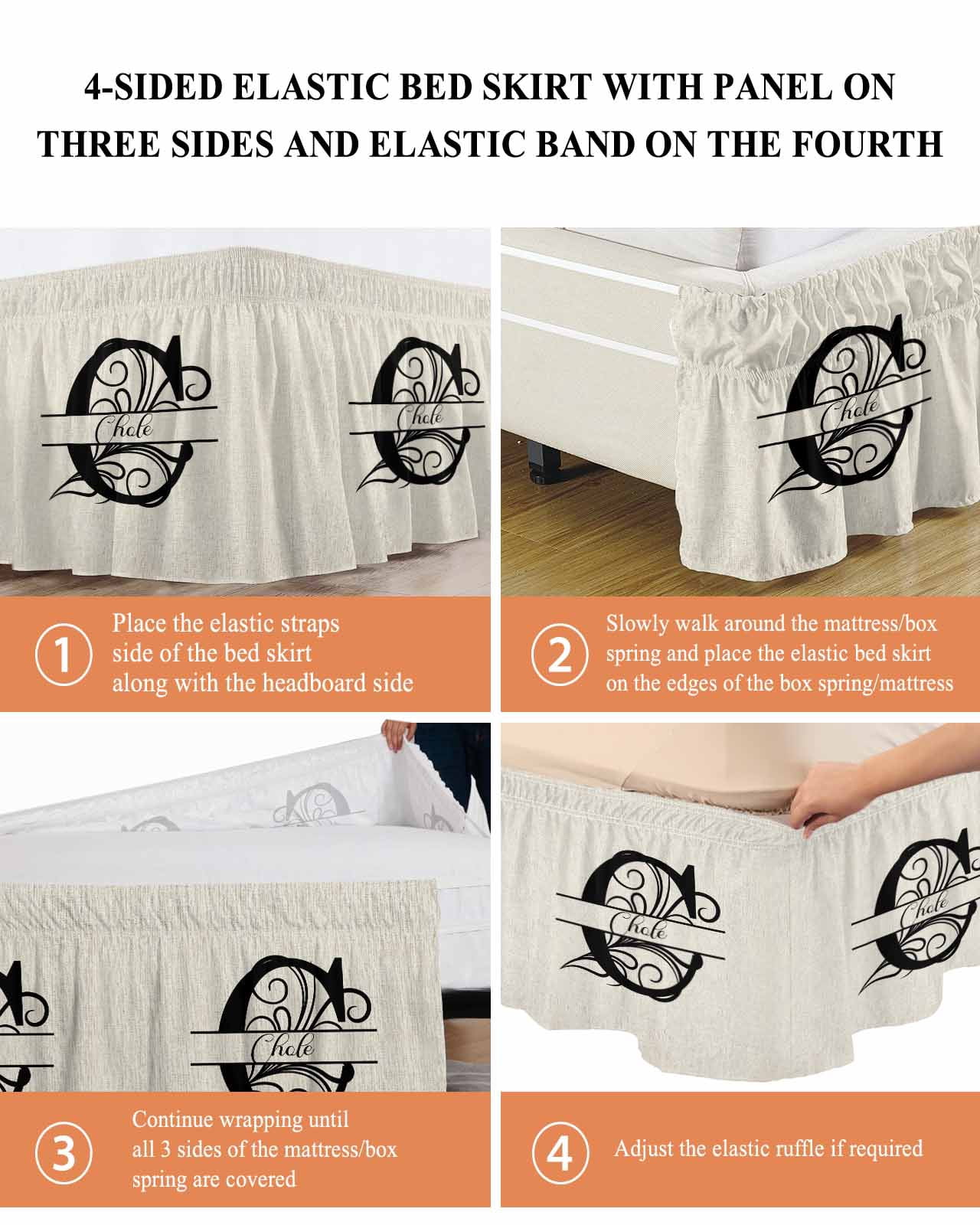 Letter C Bed Skirt Queen Size, Monogram Words Wrap Around Bed Skirting with Adjustable Elastic Strap, Dust Ruffle Pleated Bedskirts 16 Inch Drop for Bedroom Queen Beds