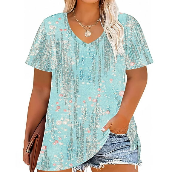GaThRRgYP Women's Summer Short Sleeve Tops for Vacation,Women's Plus Size V-neck Printing Short Sleeve Solid Color Summer Base T-shirt Light Blue XXL