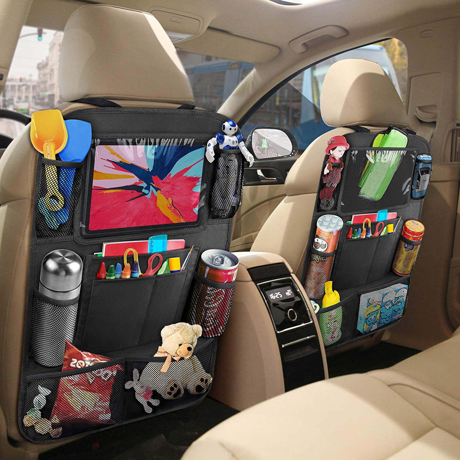 Snacks and other utensils Car Seat Organiser Back Seat & Front Seat Storage Bag with Seat Belt Attachment Cup holders and Foldable Pockets Water Resistant Backseat Organizer for Toys