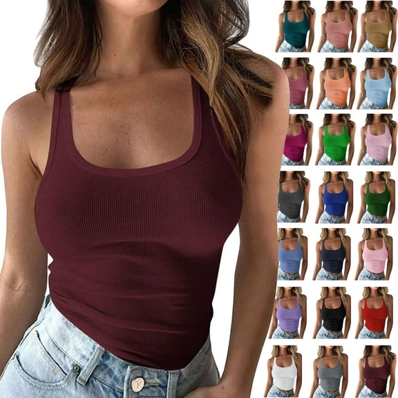Horkkom Tank Top for Women U Neck Ribbed Tank Top Knit Slim Sleeveless Cami Shirts Straps Plus Size Workout Camisoles Lightweight Summer Casual Tank Top