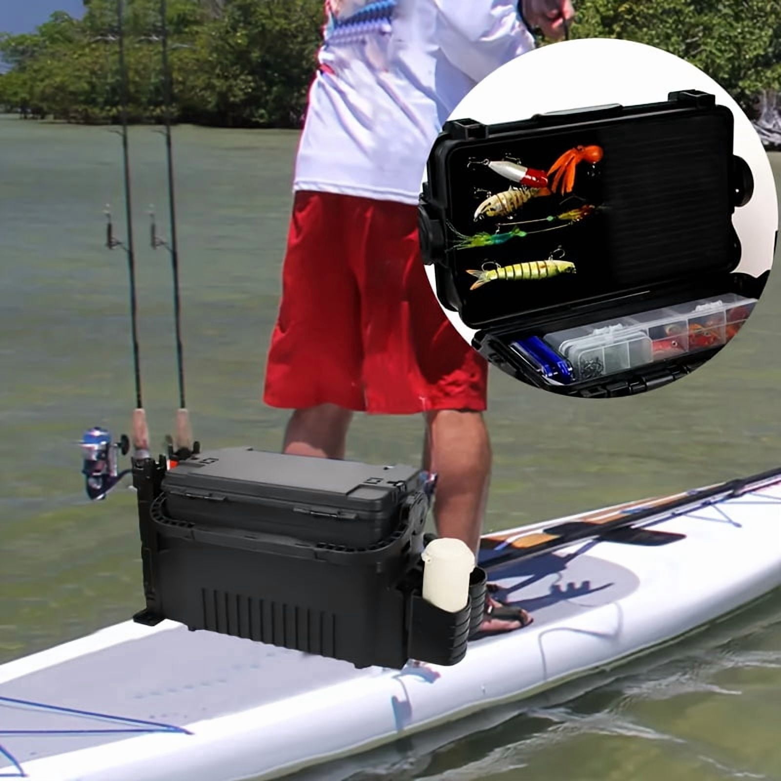 2.91Gal Dual-Layer ABS Fishing Tackle Box with 2 Rod Holders and 2 Cup Holders, Large Outdoor Fishing Storage Case