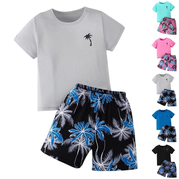 Yeaiivve Boys Girls Vacation Outfits Tropical Palm Tree 2 Piece Set Crew Neck Short Sleeve Top & Elastic Waist Shorts Beach Casual Wear for Kids 3-12Y