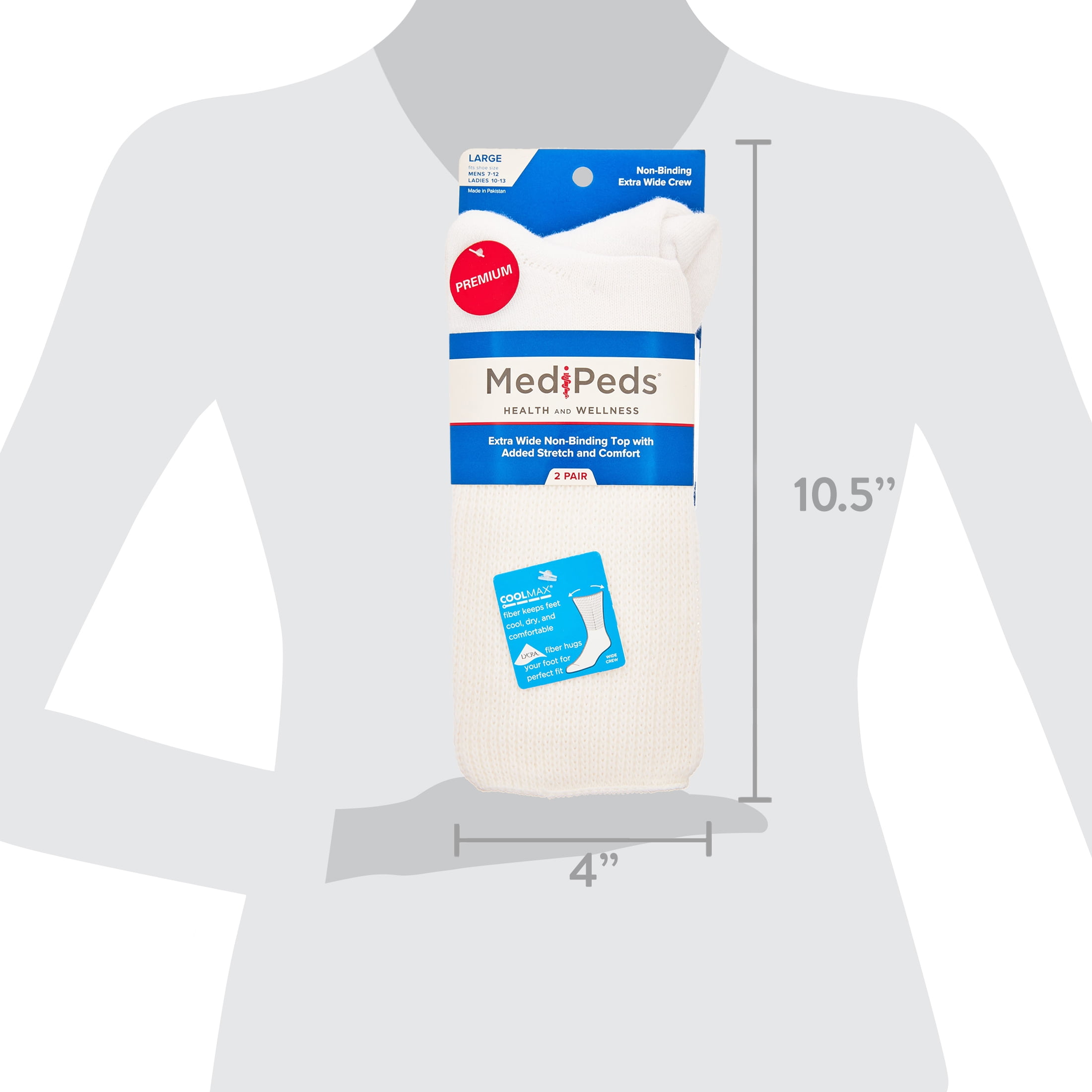 MediPeds Diabetic CoolMax Extra Wide Crew Socks, Large, 2 Pack