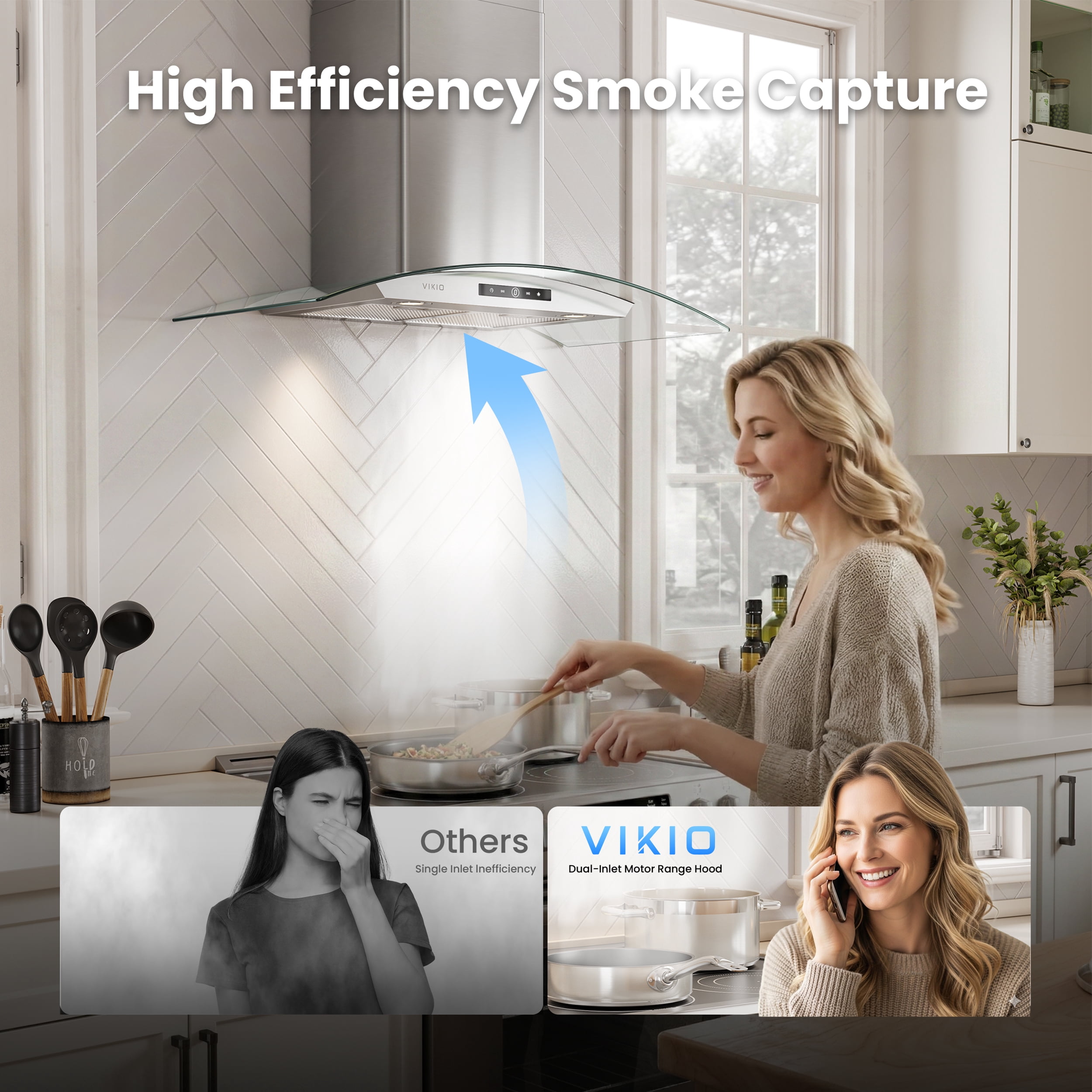 VIKIO 36 in. Wall Mount Range Hood in Stainless Steel and Curved Glass with 3-Speed Fan, Convertible Ducted and Ductless Installation, Touch Control, LED Lights and Carbon Filters Included
