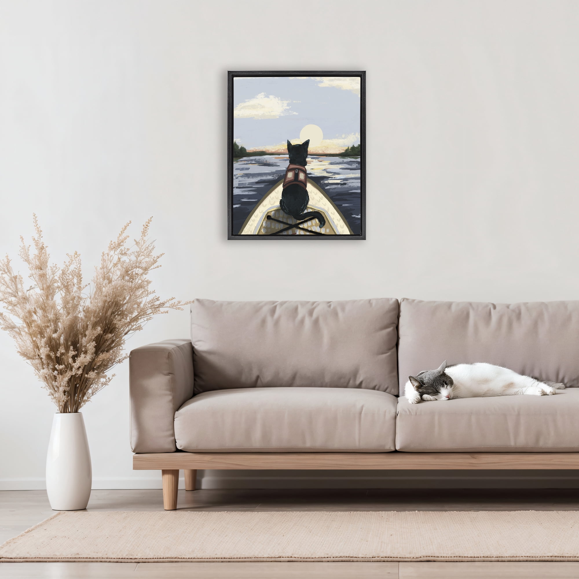 Stupell Industries Peaceful Cat Viewing Lake Black Framed Floater Canvas Wall Art, design by Denise Bartkus