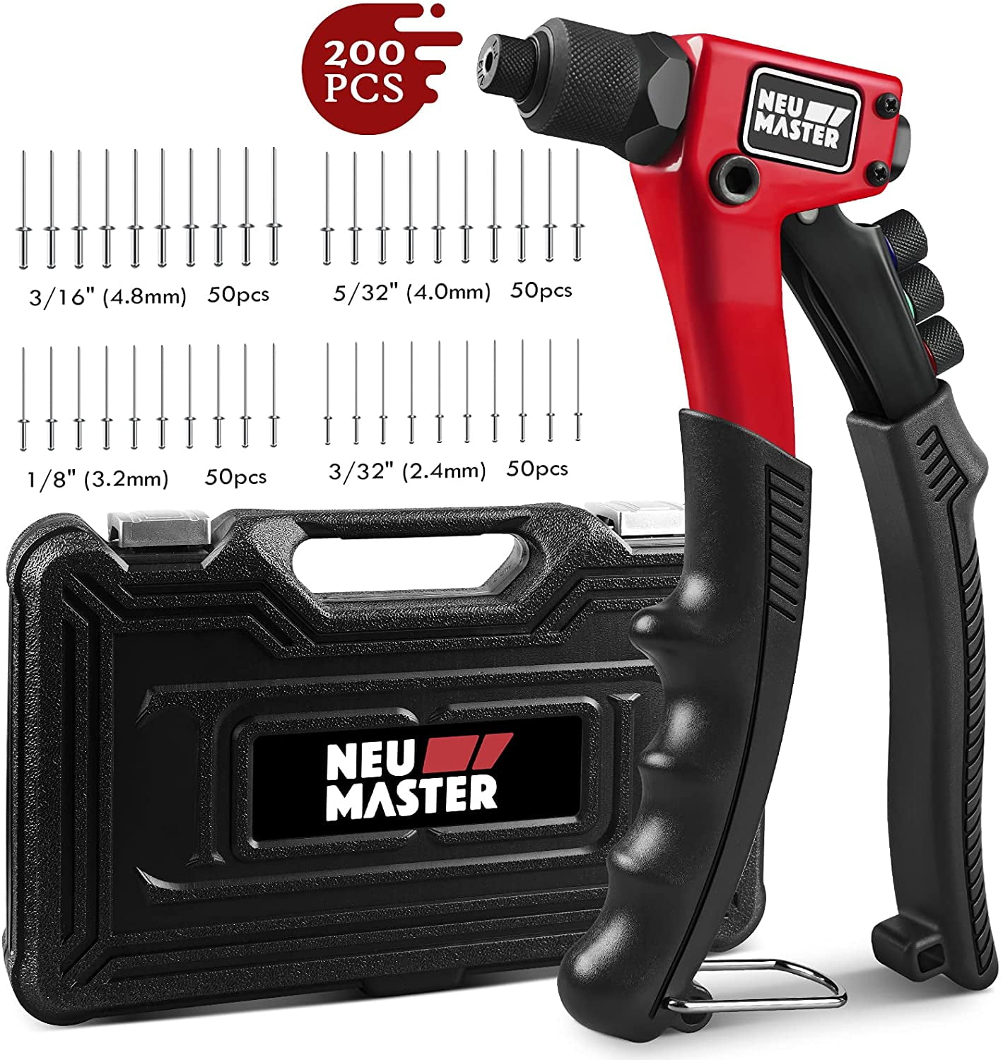 NEU MASTER Rivet Gun with 200Pcs Rivets, Manual Rivet Gun Kit with 4
