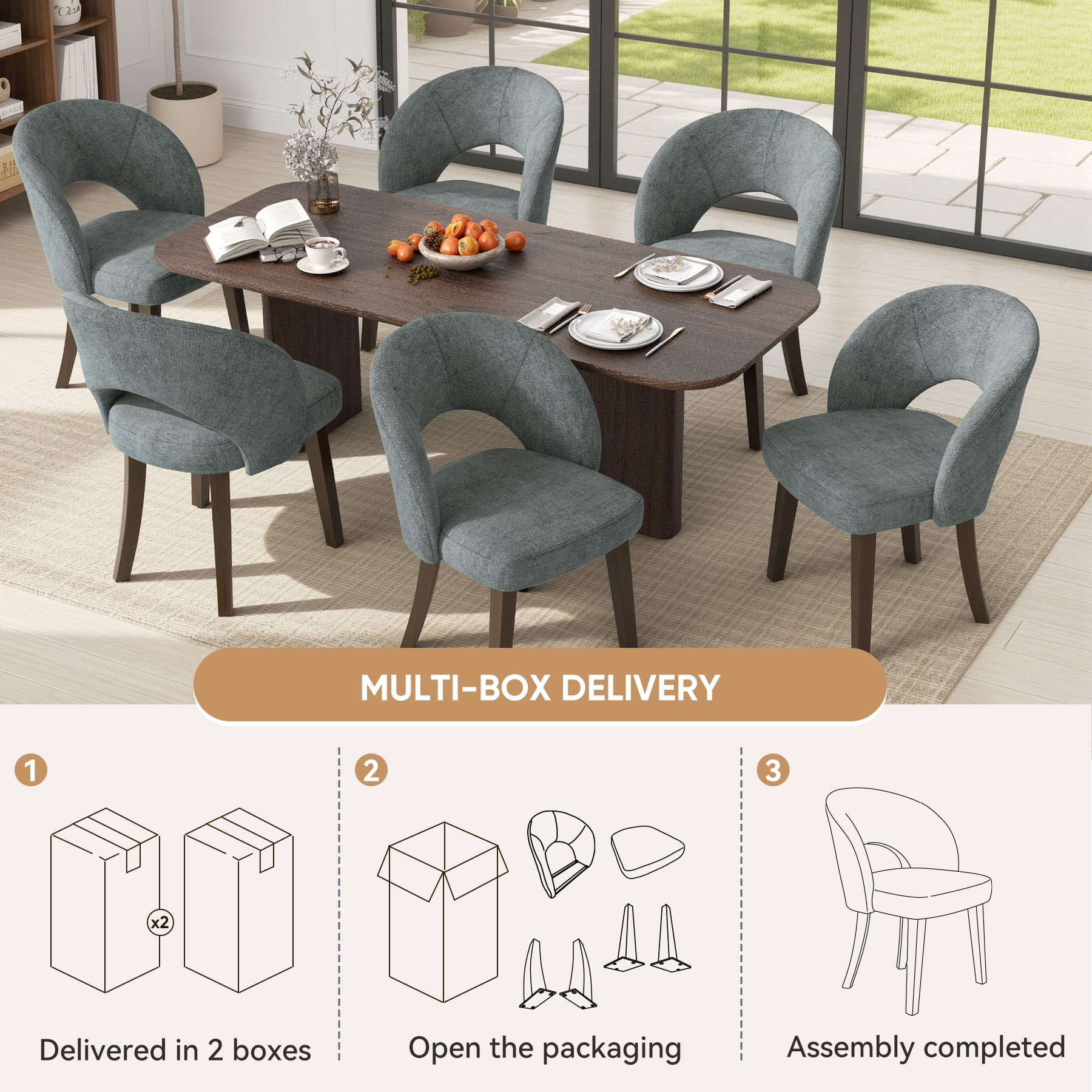 MOONNISS Upholstered Dining Chairs Set of 4, Mid Century Modern Dining Chairs with Solid Wood Legs, Curved Back Kitchen Chairs, Farmhouse Side Chairs for Dining Room,Gray