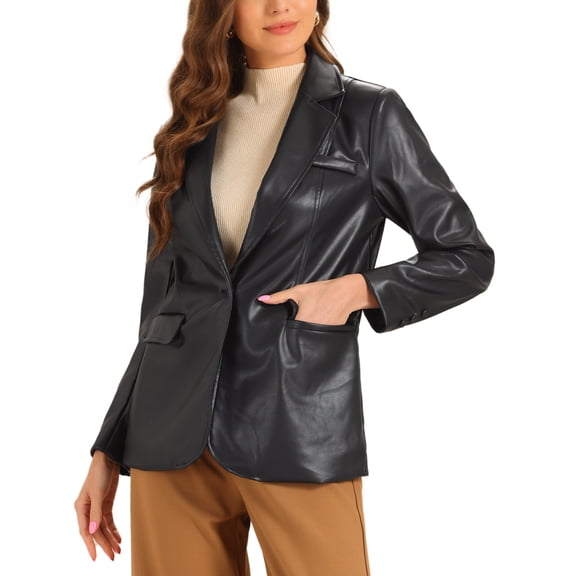 INSPIRE CHIC Women's Jacket Faux Leather Blazer Lapel Collar PU Moto Biker Jackets XS Black