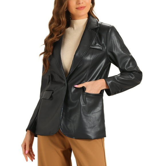 Unique Bargains Faux Leather Blazer for Women's Lapel Collar PU Moto Biker Jackets Black L