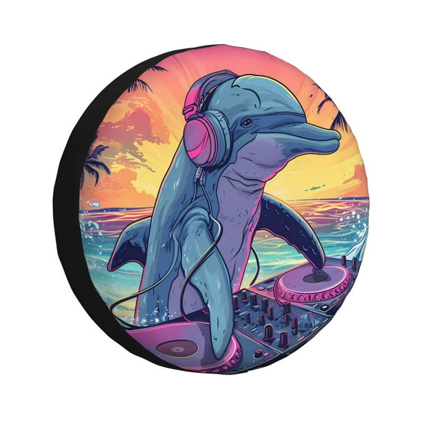 Balery Hip-Hop DJ Dolphin Cubiertas para Neumáticos - Protector Resistente para Neumáticos de Camioneta, SUV, Remolque, Camper y RV-14 inch