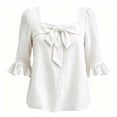 thumbnail image 6 of ZVAVZ Womens Bow Tie Square Neck Blouses Ruffle 3/4 Sleeve T-shirts Cotton Fashion Going Out Dressy Tee Shirts White S, 6 of 6