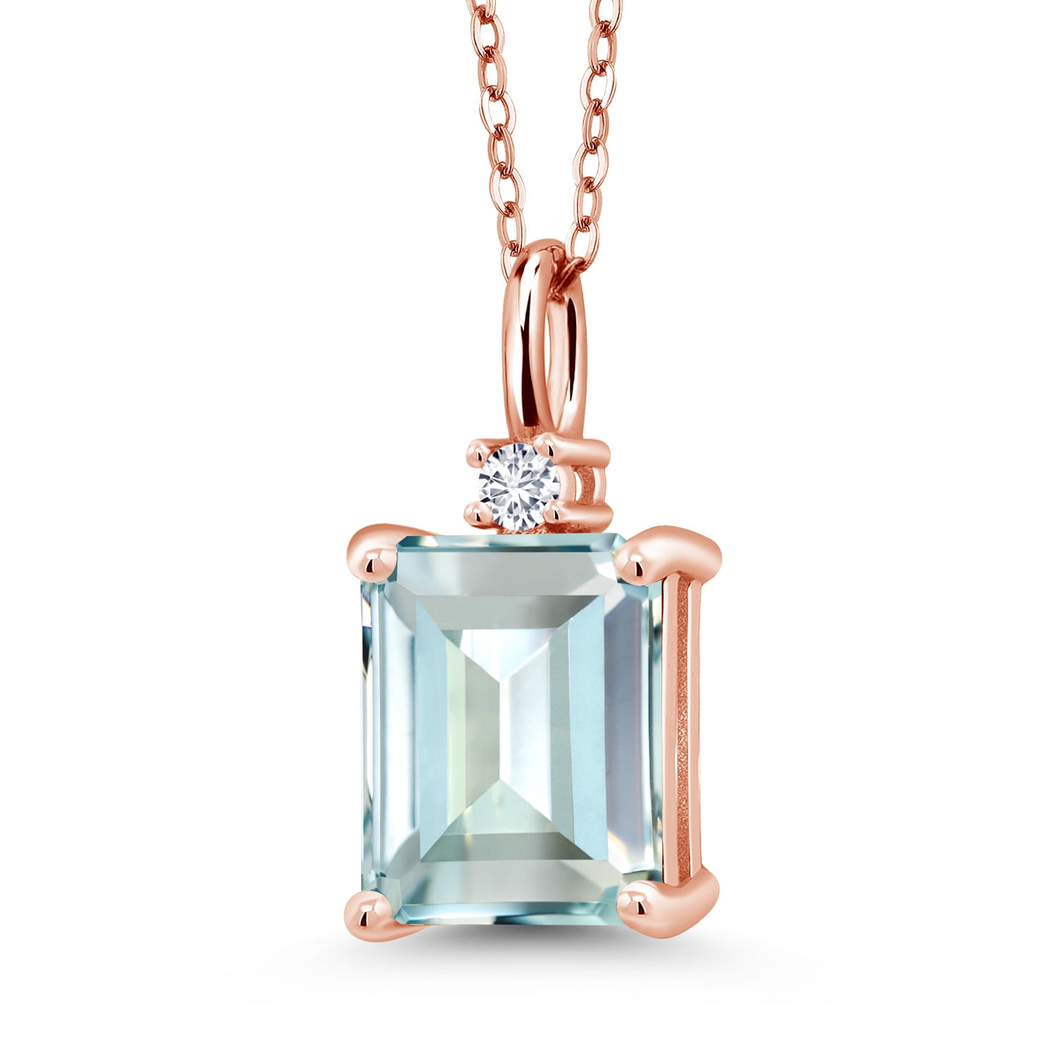 18K Rose Gold Plated Silver Sky Blue Simulated Aquamarine and White Lab Grown Diamond Pendant Necklace for Women (4.27 Cttw, Gemstone Birthstone, Emerald Cut 10X8MM with 18 inch Silver Chain)