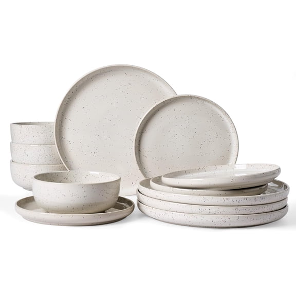 Meteor Plates and Bowls Sets for 4, 12 Pieces Dinnerware Sets, Microwave and Dishwasher Safe Dishes Set, Creamy White