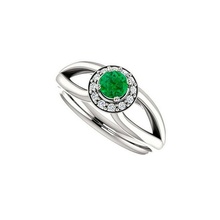 Halo Design - Emerald and CZ Open Leaf Design Split Shank Halo Ring